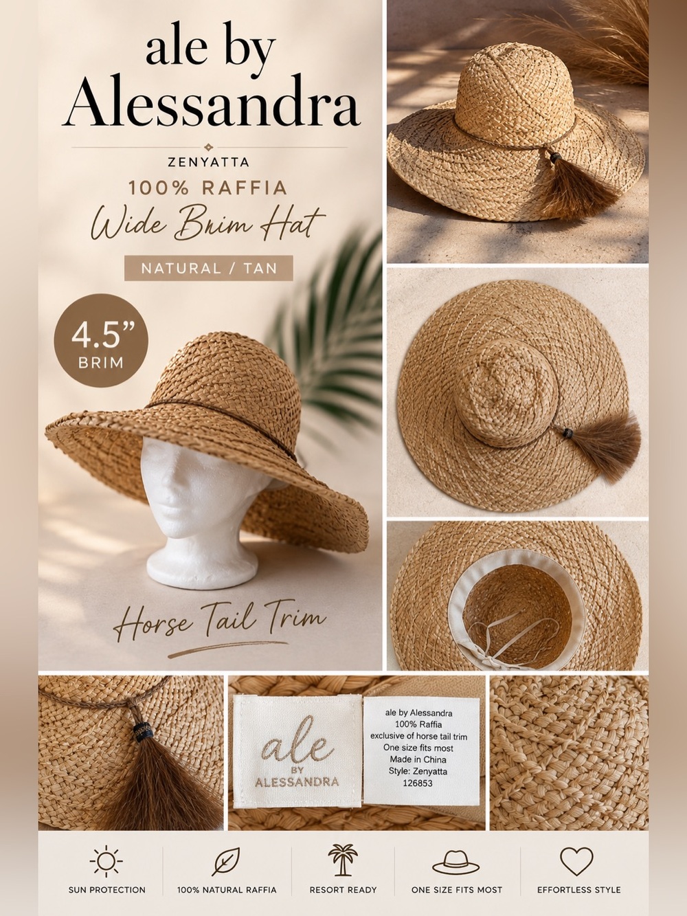 Ale by Alessandra Zenyatta Raffia Wide Brim Hat Horse Tail Trim OS